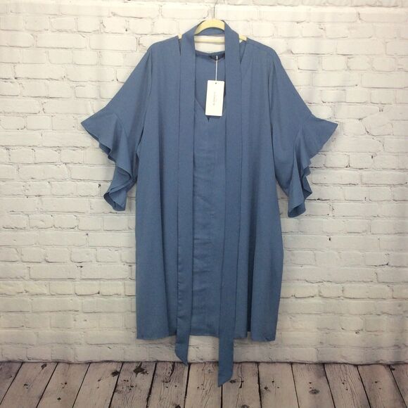 Bloomchic Shift Dress Women's Plus Size 22/24 Blue Belted Pockets Ruffle Sleeves - Picture 1 of 12
